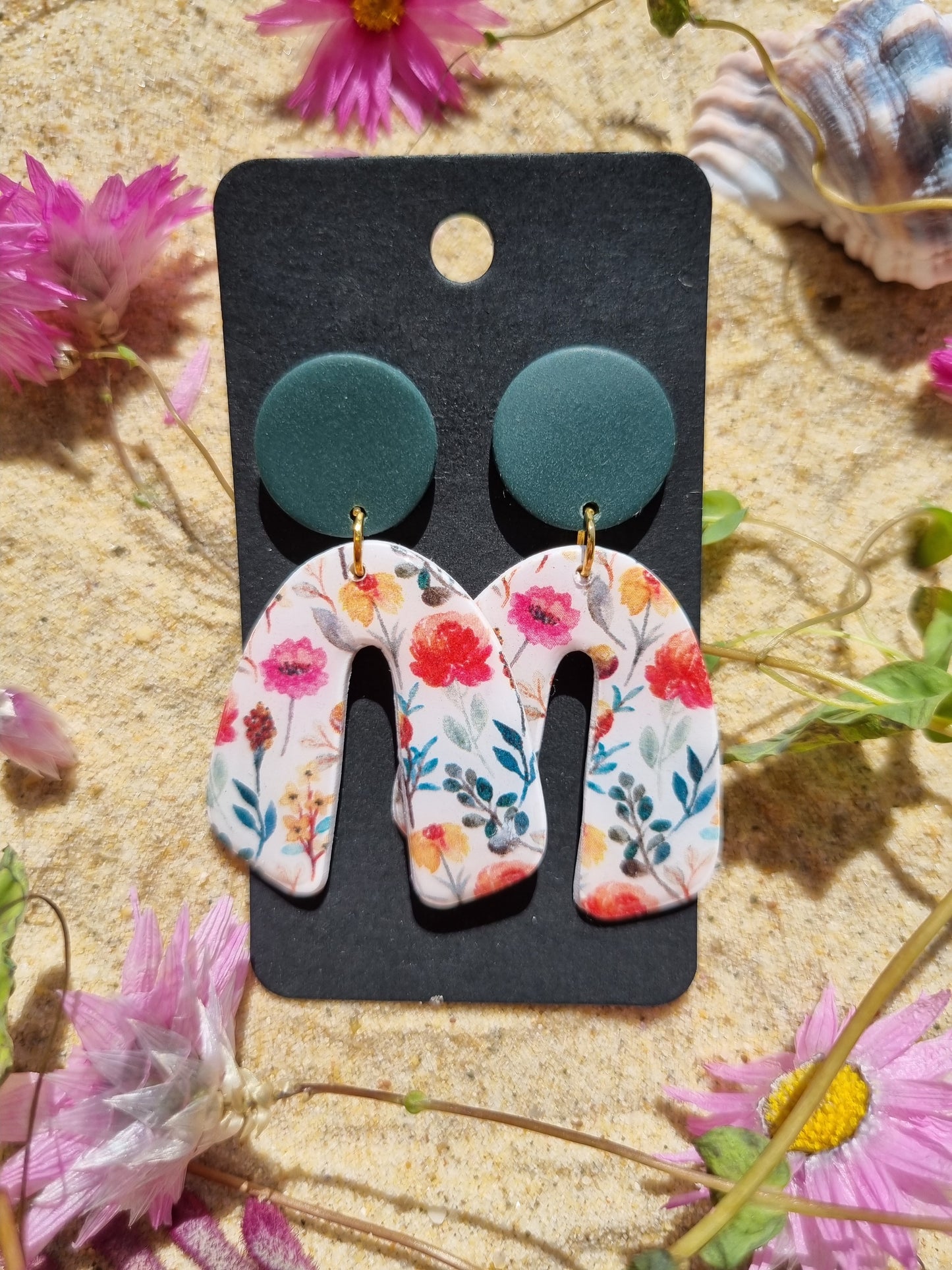 Floral polymer clay earrings with pink flowers and forest green top
