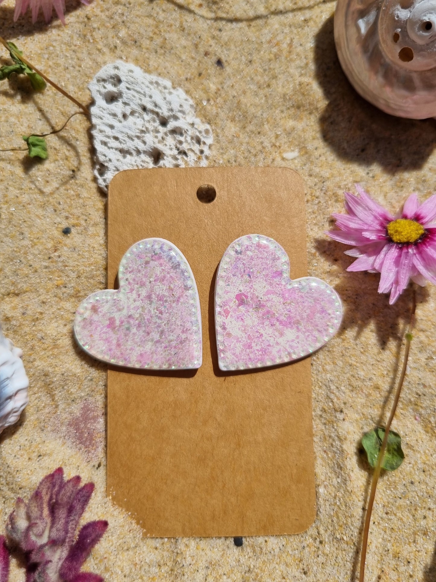 Pearl hearts - Polymer Clay - Glitter - Resin Earrings.