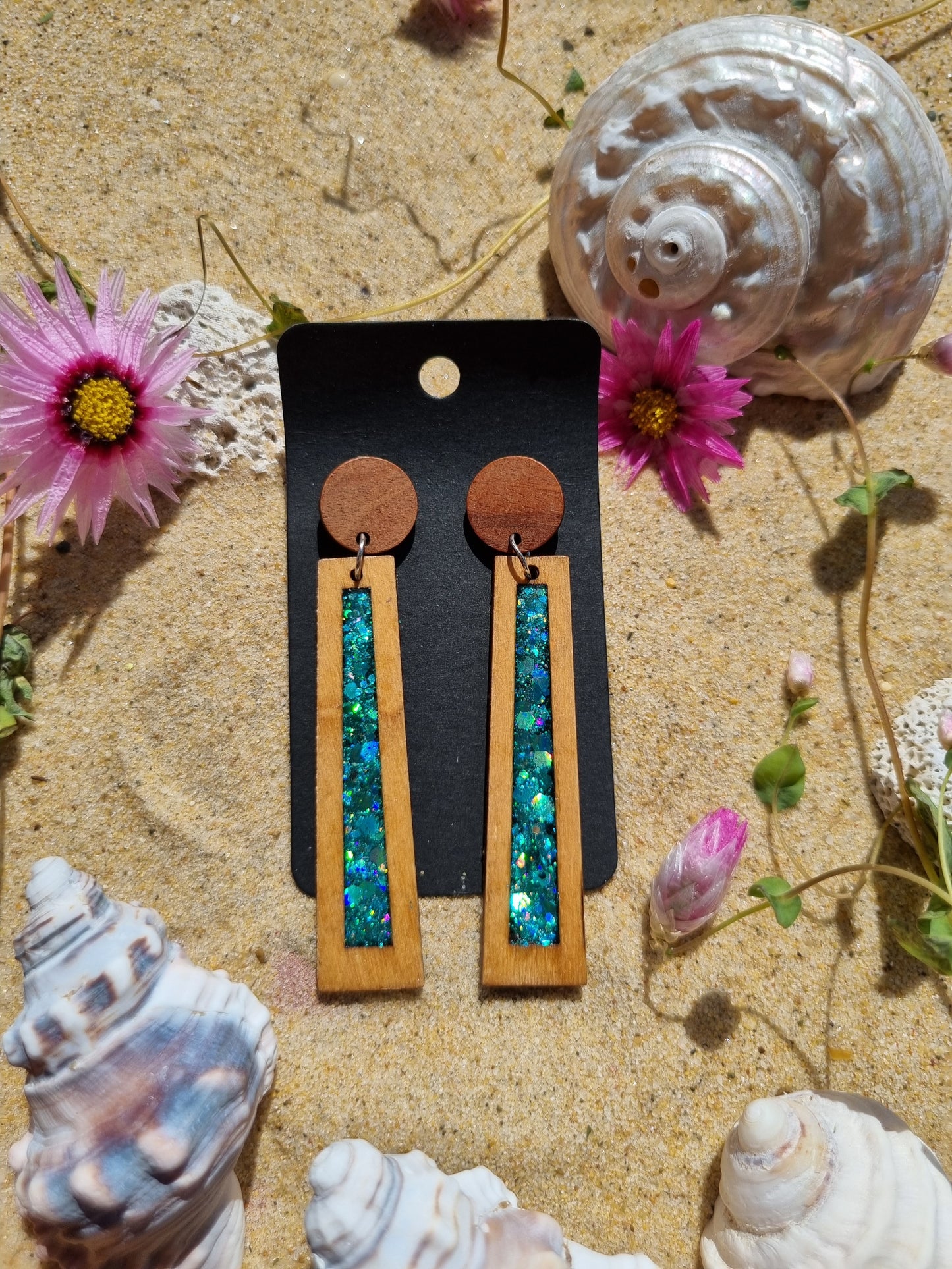 Tide and Timber Resin and Timber dangle earrings in natural wood with iridescent jade glitter set in resin handmade in Australia