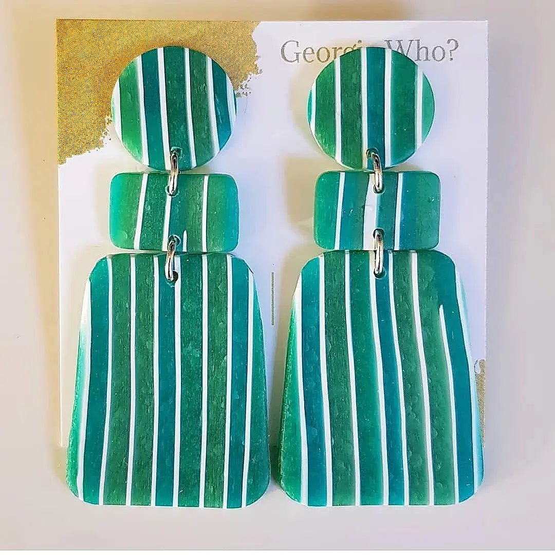 Green and white striped translucent polymer clay earrings, ocean inspired amd handmade in Australia