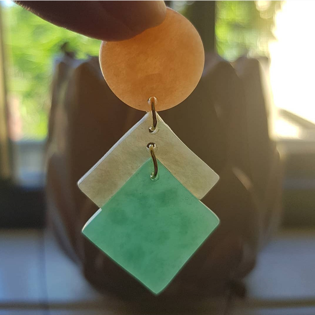 Translucent polymer clay earrings in Peach, grey and jade, handmade in Australia