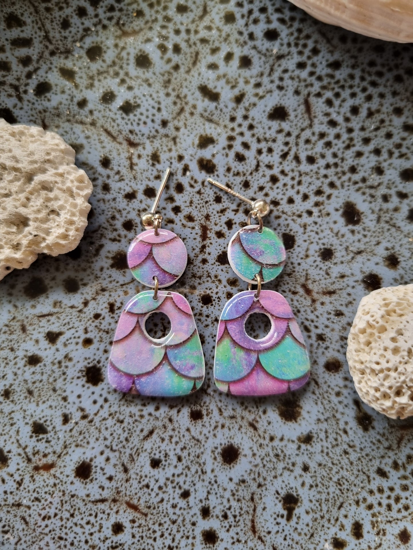 Multicolored polymer clay earrings ocean inspired with purple, pink and jade hues