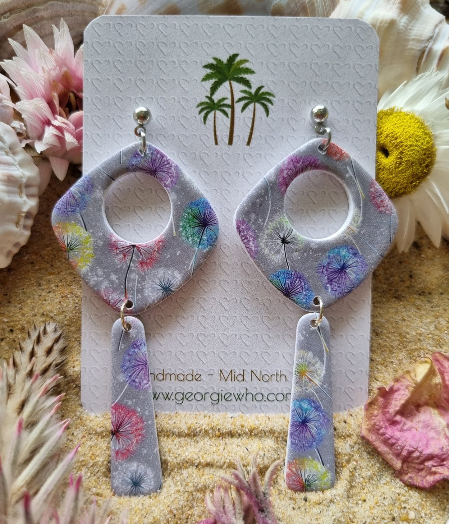 Polymer clay steel grey earrings with colourful dandelion print, handmade by Georgie who in Australia