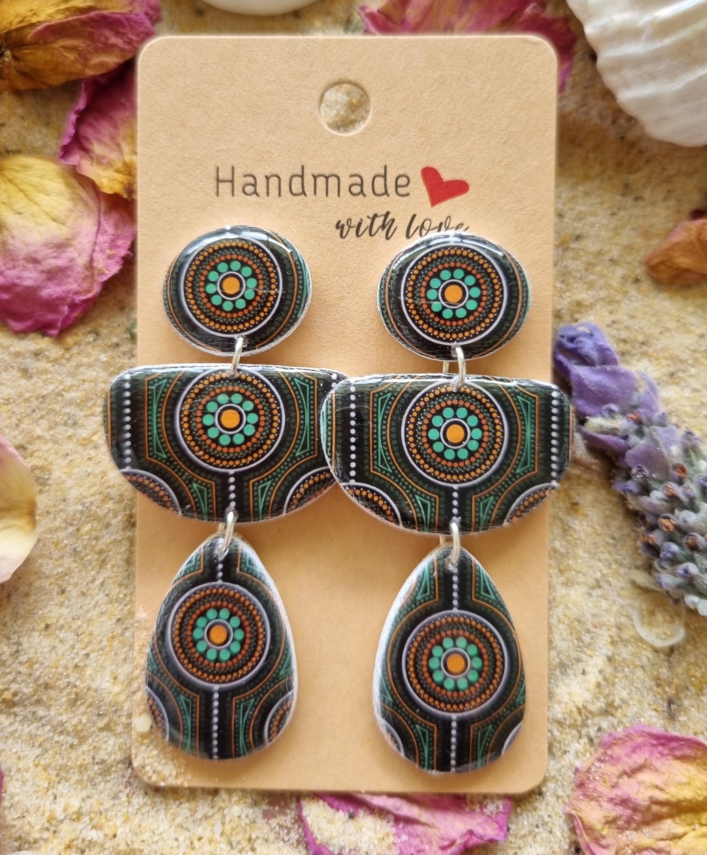 Jaipur polymer clay dangle earrings in vibrant jade, orange intricate dot patterns handmade in Australia