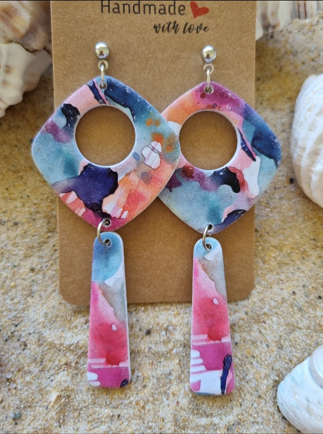 Watercoloured polymer clay earrings, handmade by Georgie Who designs in Australia