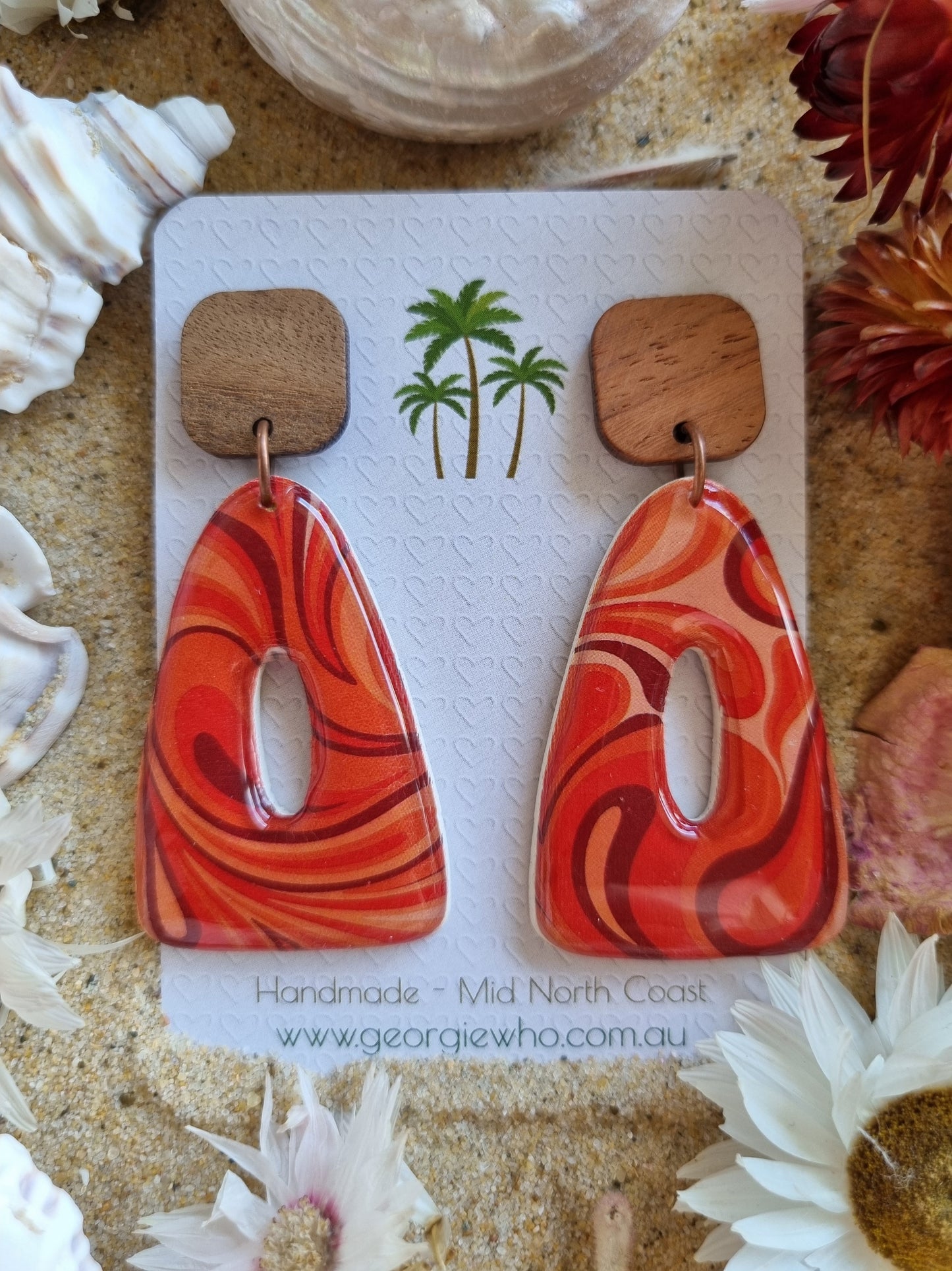 Retro Flame - Polymer Clay and Resin Earrings with Natural Timber