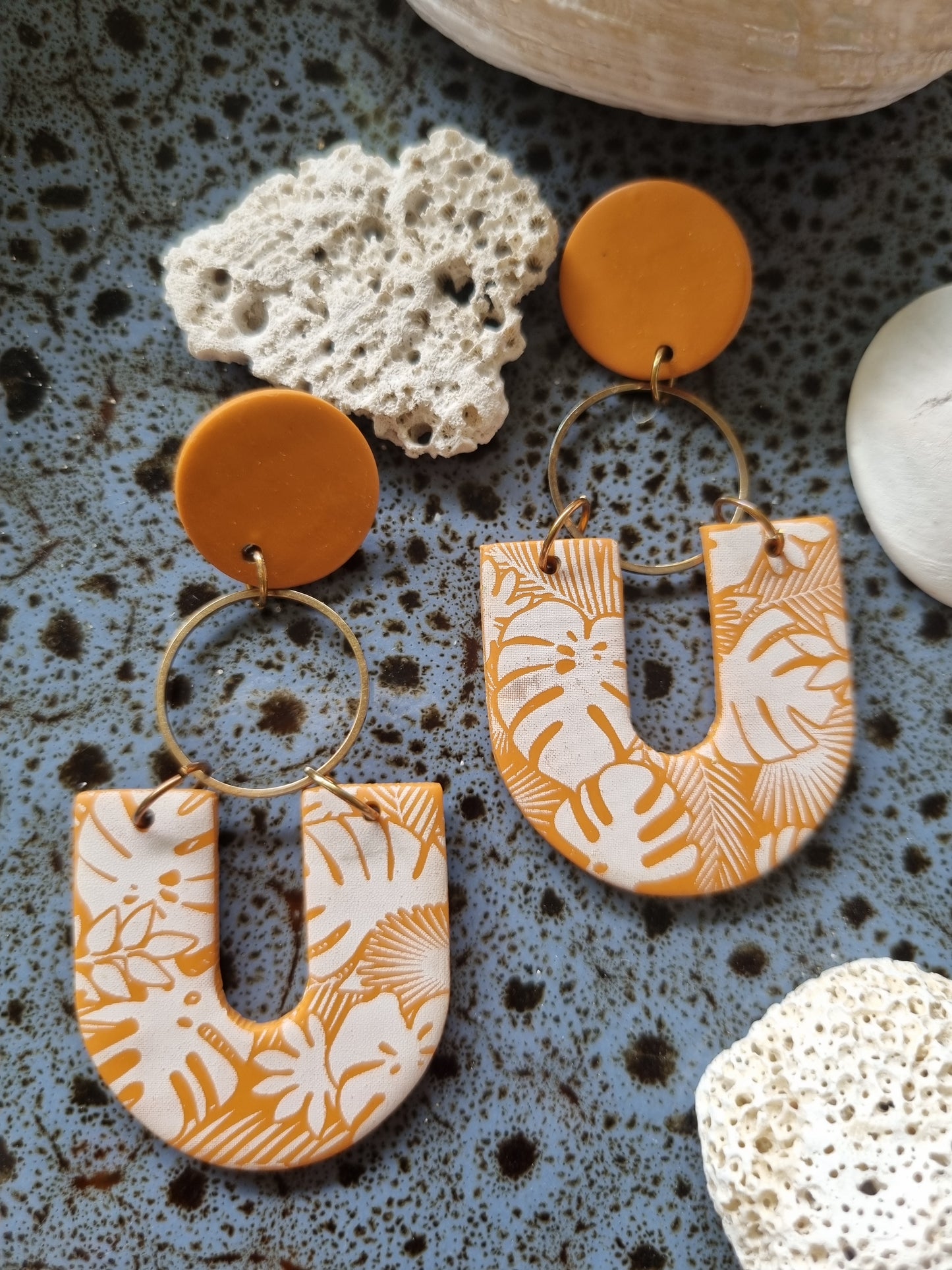 Mustard Monstera - Polymer Clay Earrings.