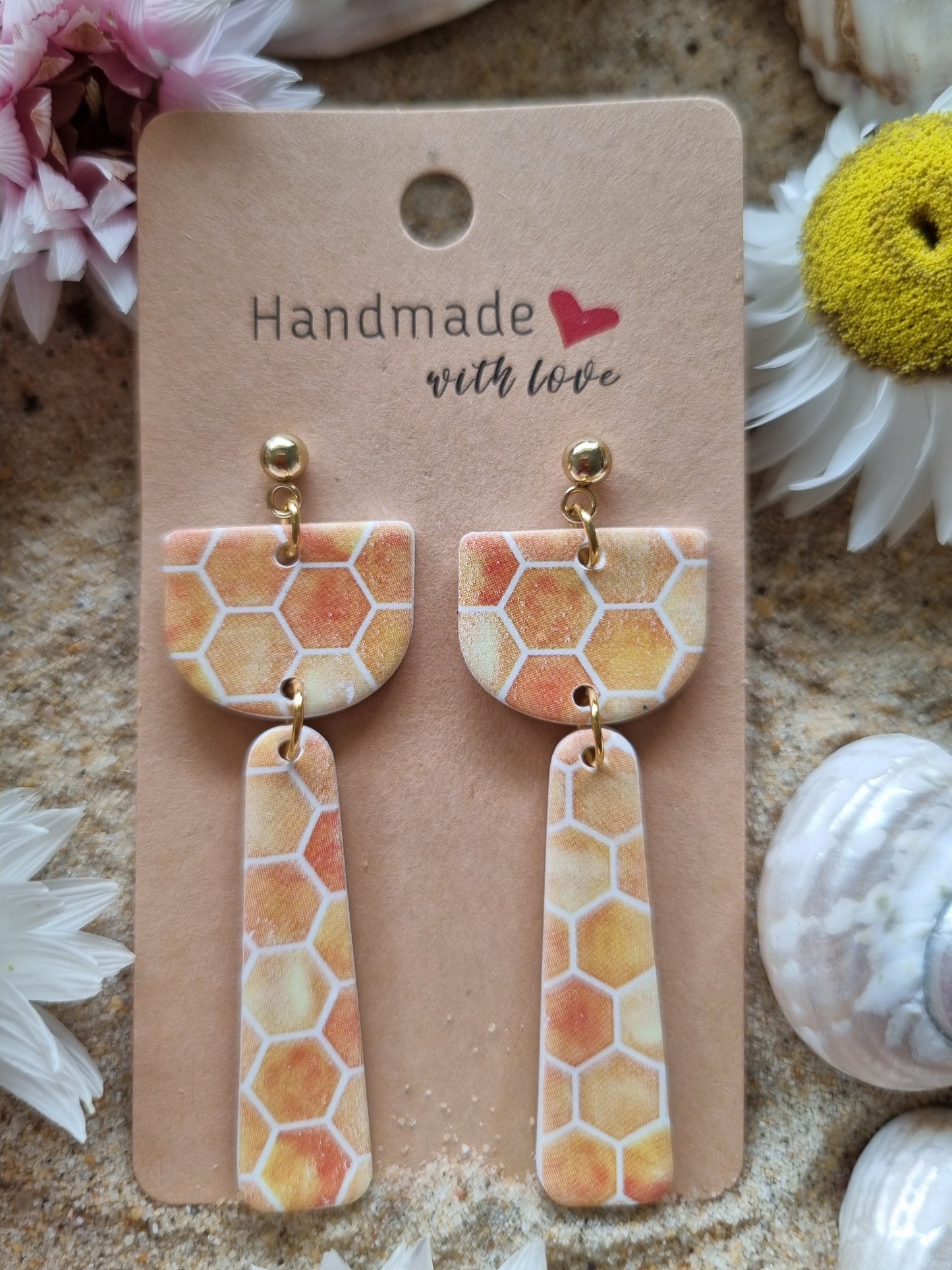 Honeycomb print dangle earrings, handmade polymer clay earrings by Georgie Who? In Australia