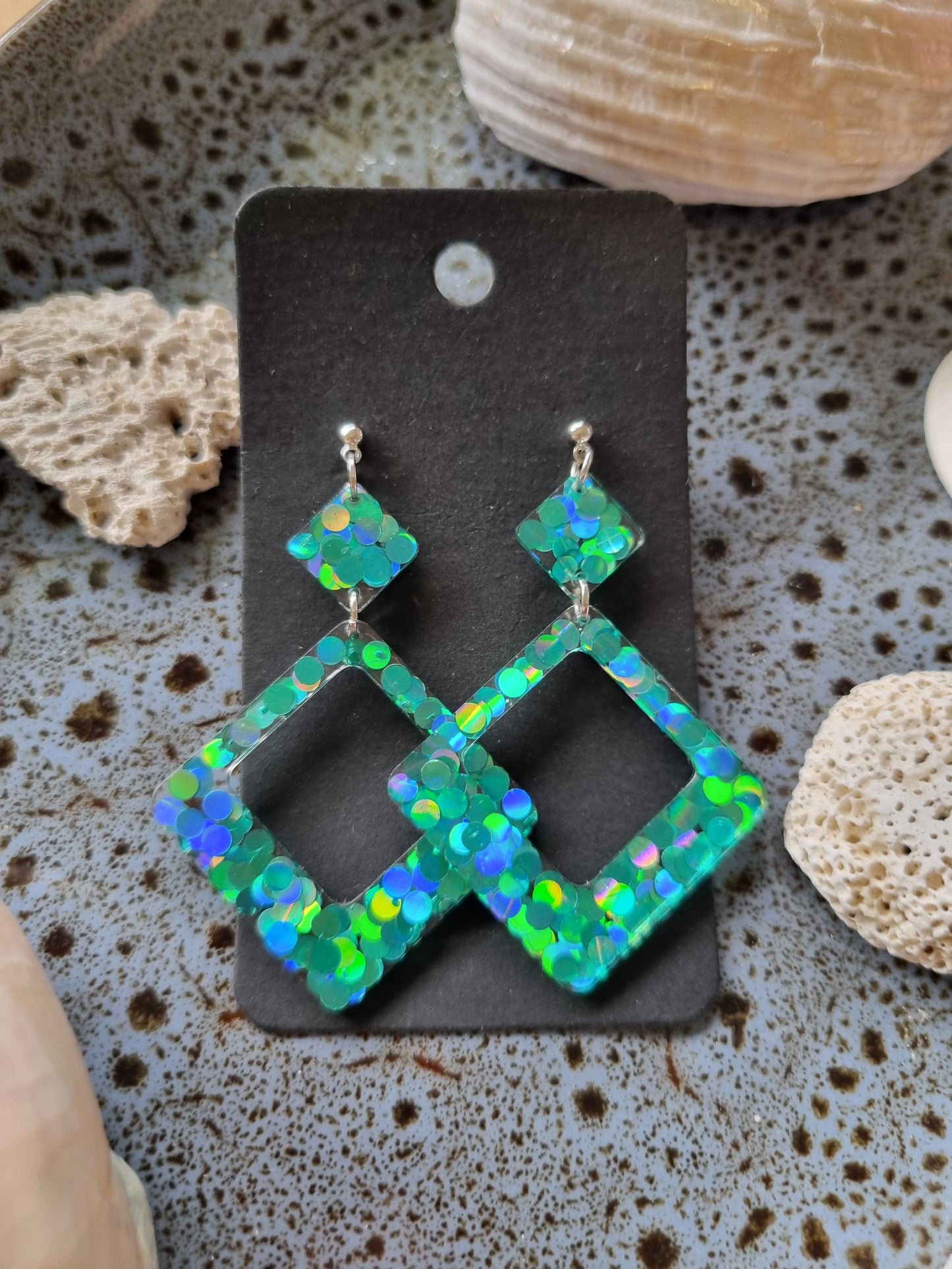 Iridescent Jade glitter and resin earrings