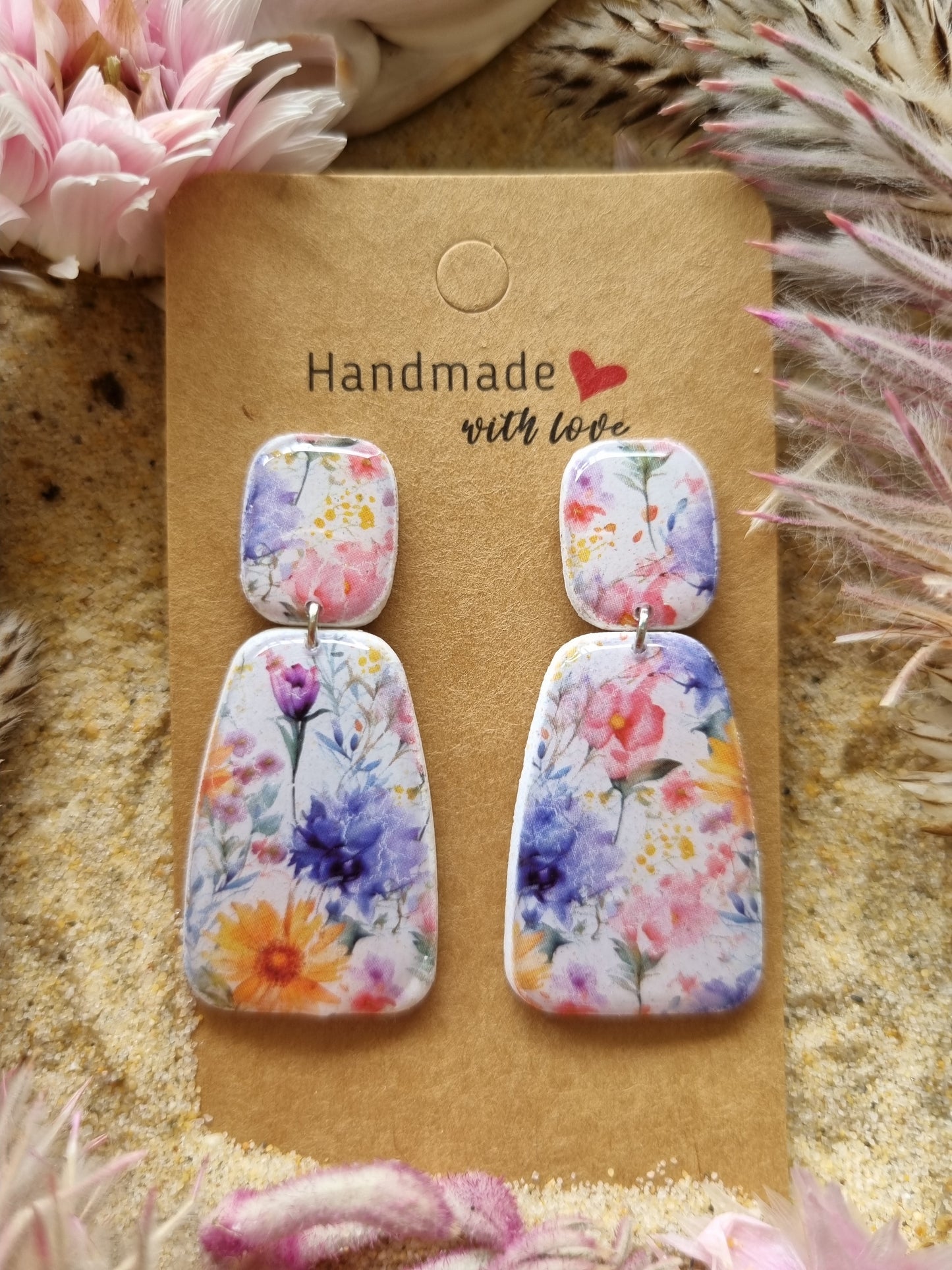 Floral print earrings on polymer clay with resin, handmade in Australia by Georgie Who