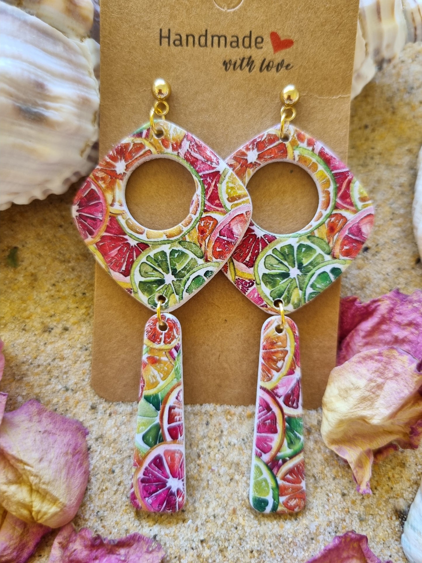 Polymer clay earrings with citrus print, handmade by Georgie Who in Australia
Bright and Bold