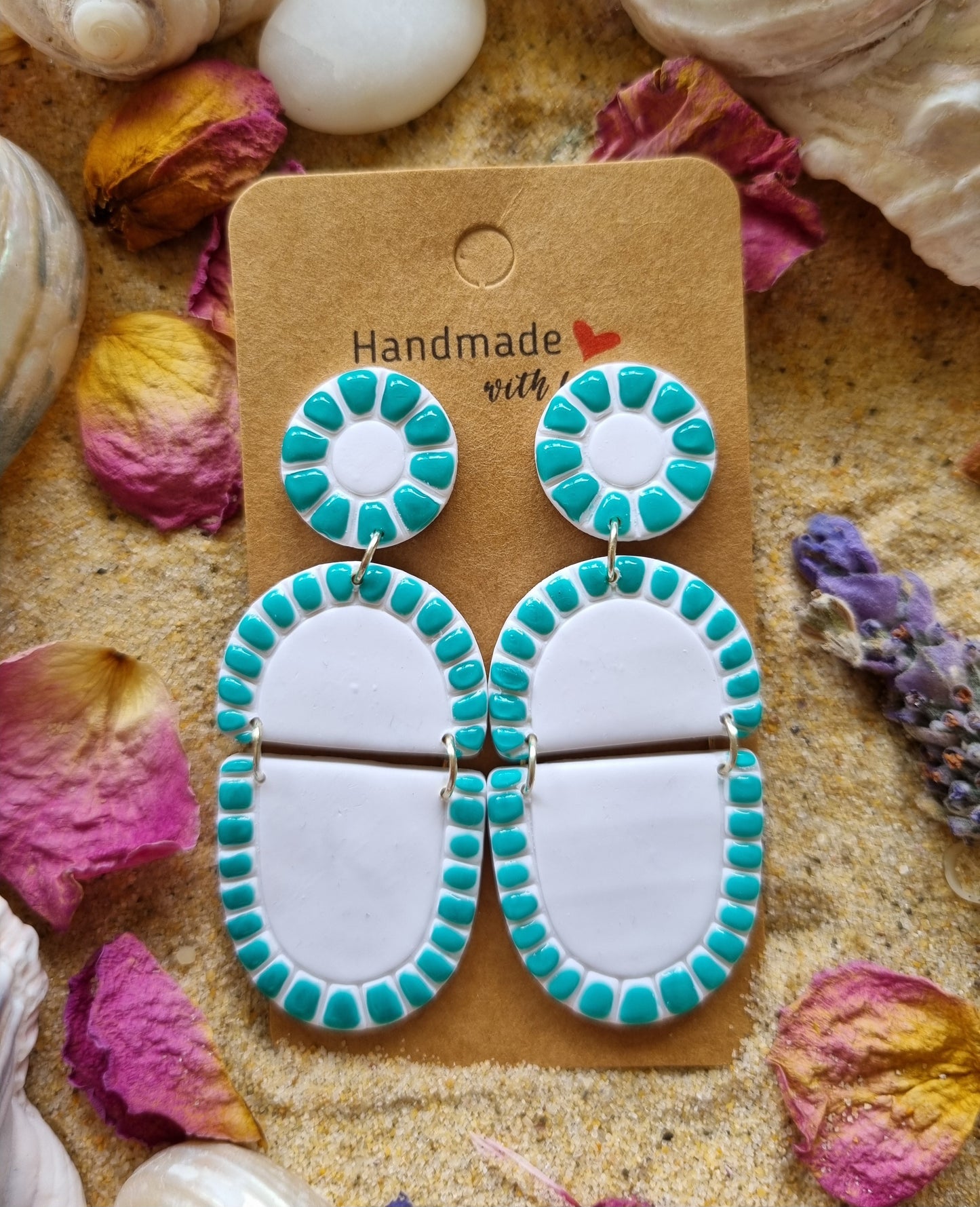 Sea Salt polymer clay earrings in soft white and with a ocean-inspired jade mosaic edge, handmade in Australia