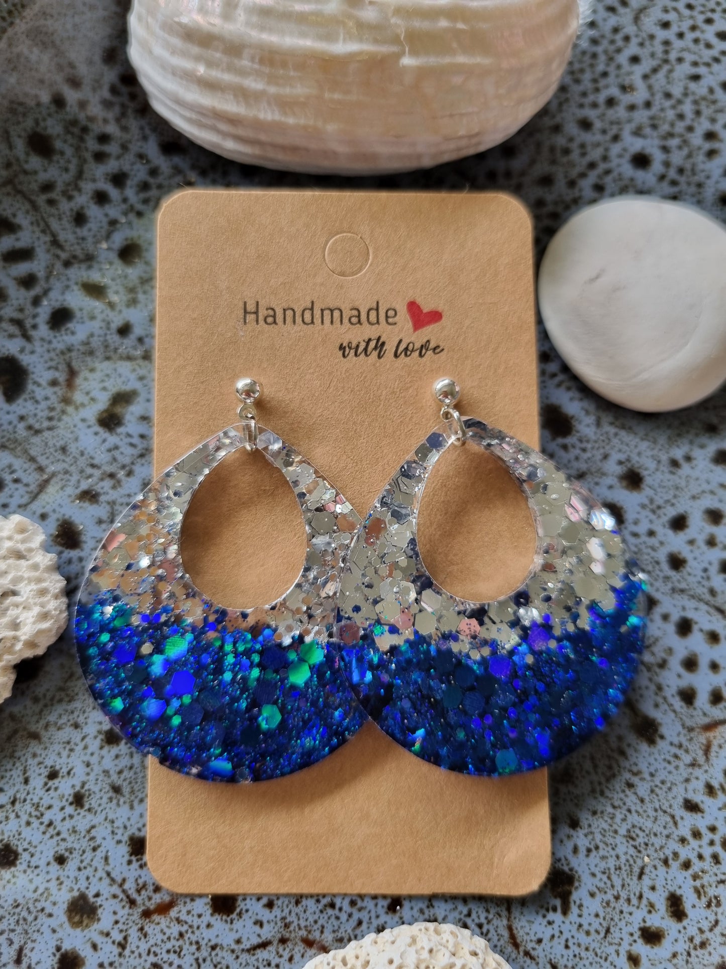 Silver and Sapphire Blue Resin and Glitter Earrings handcrafted in Australia