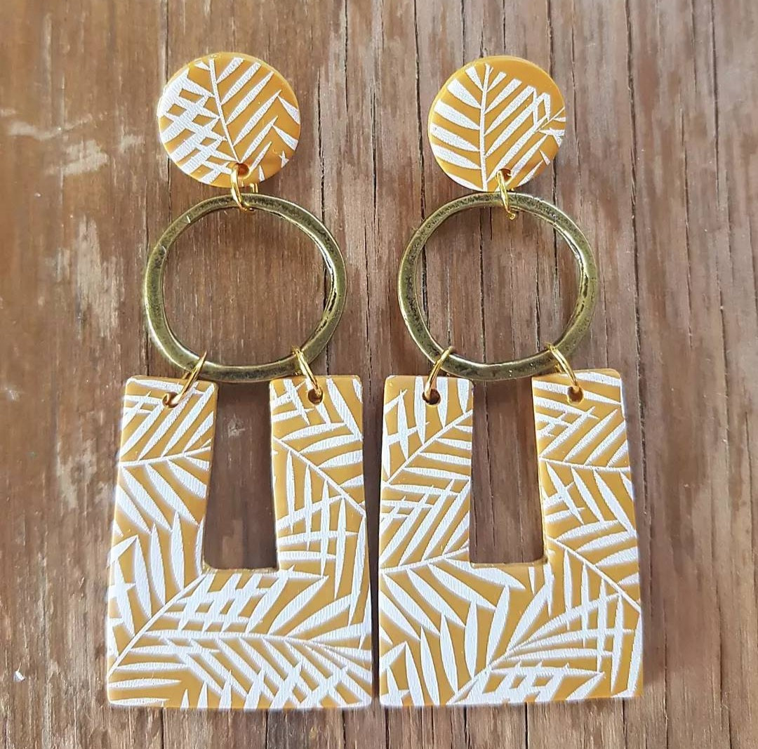 Palms polymer clay dangle earrings in mustard colour with tropical palm leaf-inspired design. Handmade in Australia