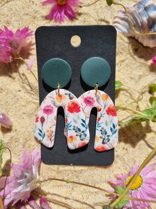Floral polymer clay earrings with pink flowers and forest green top