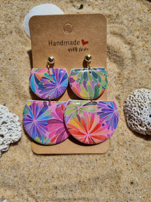 Fireworks polymer clay dangle earrings in colourful vibrant red, blue, purple and gold with festive burst-inspired design handmade in Australia 