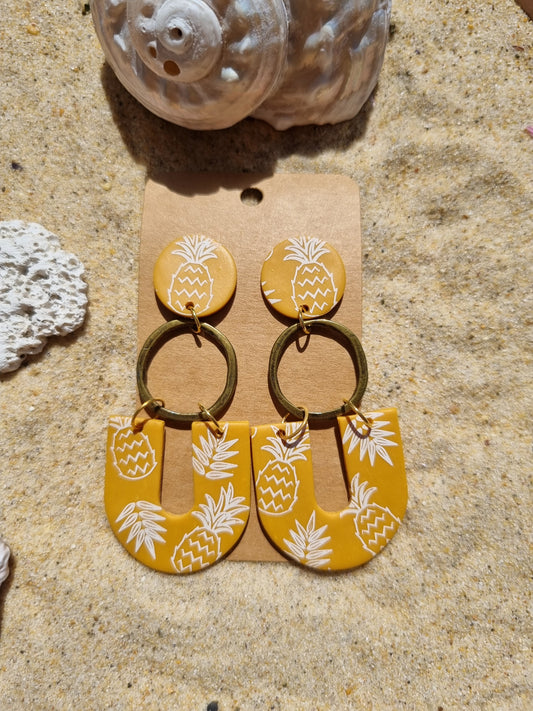 Mustard yellow polymer clay earrings with white Pineapples handmade in Australia 