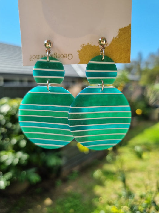 High Tide translucent polymer clay dangle earrings in vivid turquoise with white stripes,  wave-inspired design handmade in Australia 