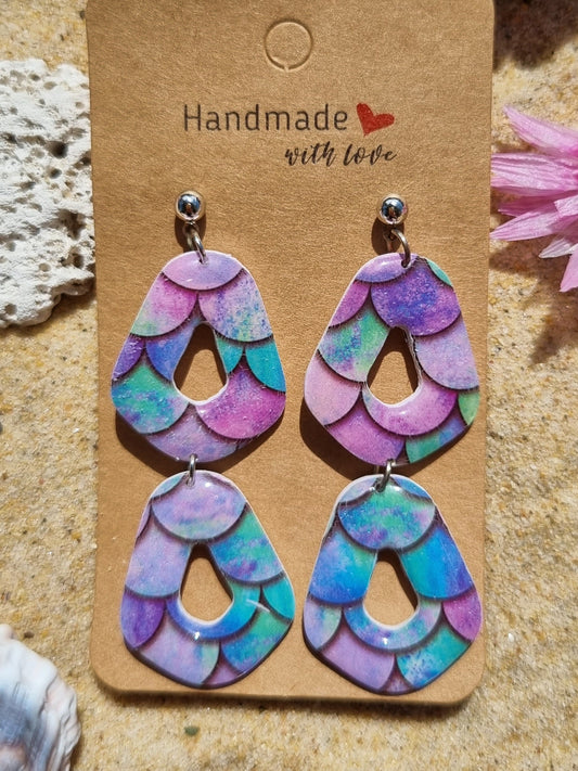 Morning Tide polymer clay dangle earrings in soft blue and lilac with  two tired design and stud top handmade in Australia 