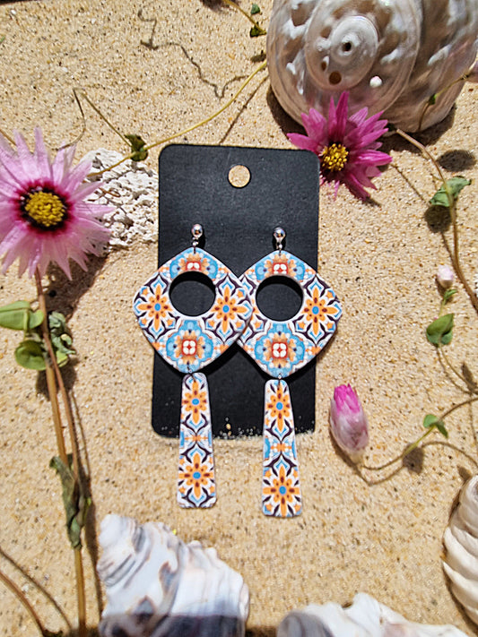 Mediterranean inspired polymer clay earrings..blue tile dangles 