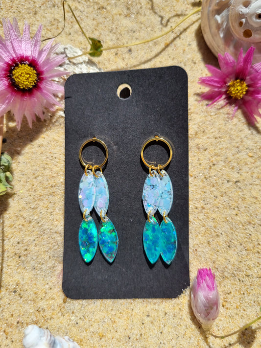 Rock Pool resin dangle earrings in shades of blue, teal, ocean-inspired design handmade in Australia 