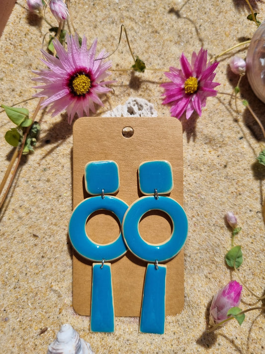 Glazed Blue resin earrings on polymer clay base,  vintage retro