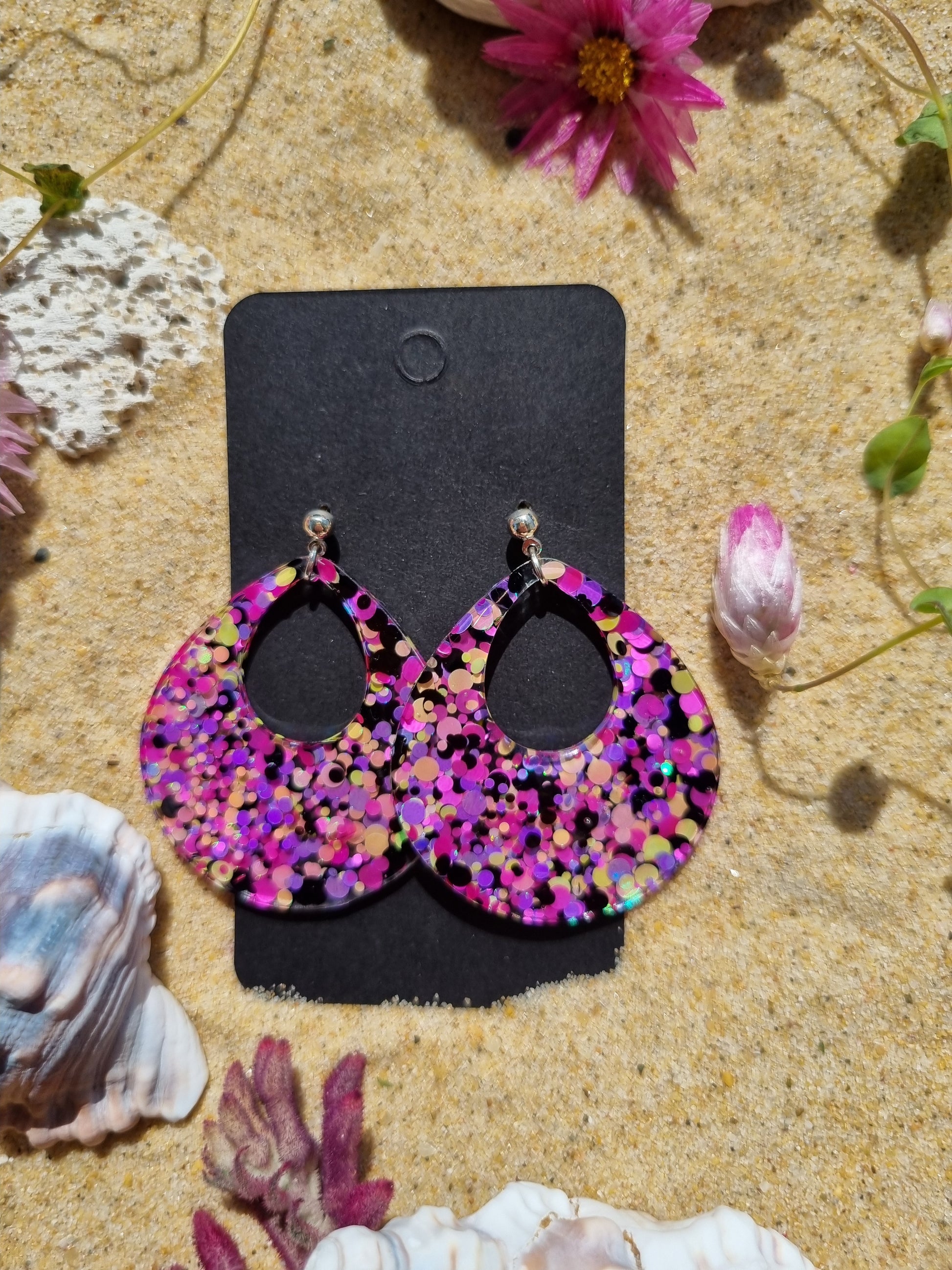 Glitter and resin colourful handmade statement earrings