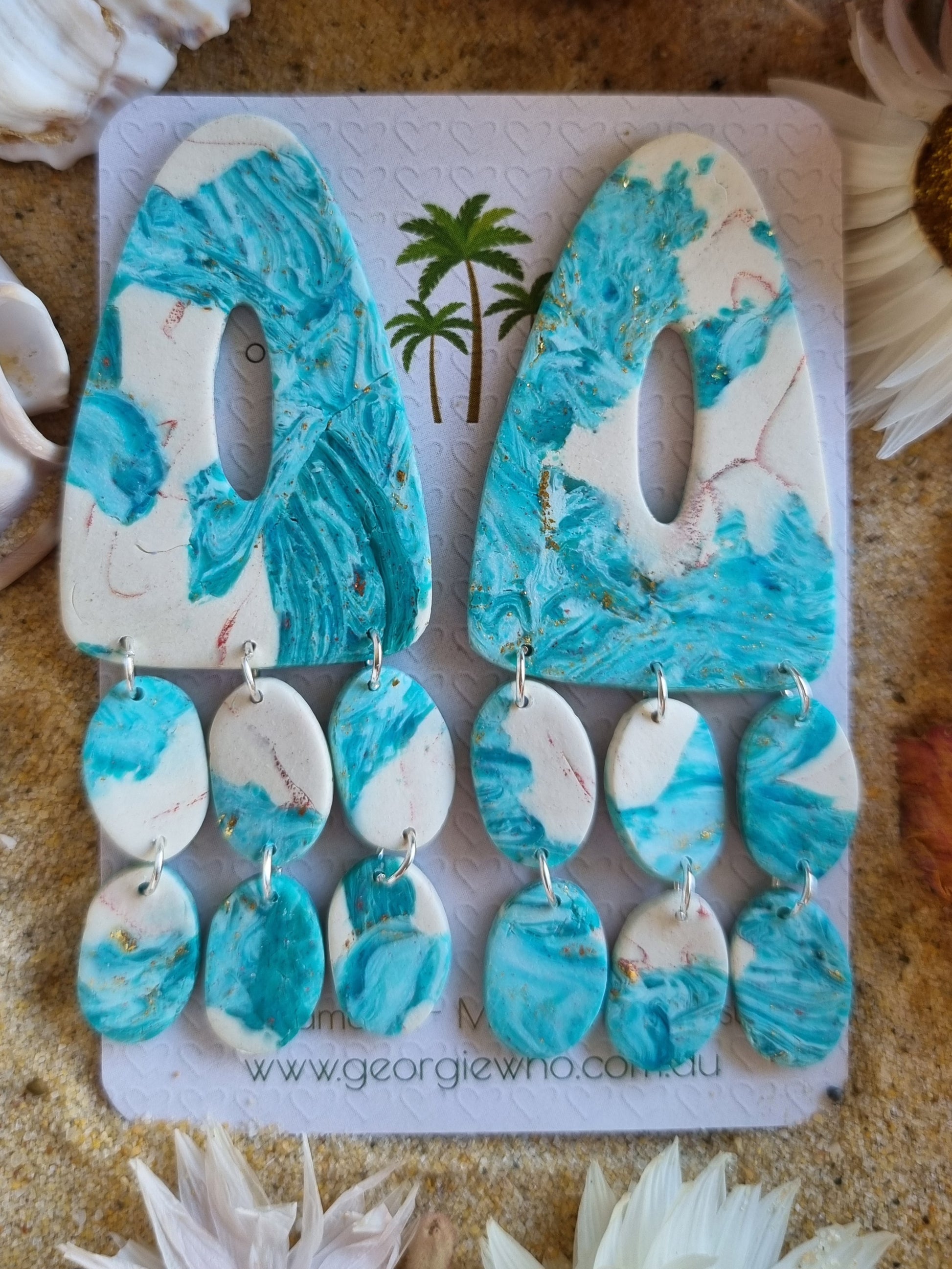 Turquoise and white marble drop earrings with fringe drop, handmade polymer-clay earrings