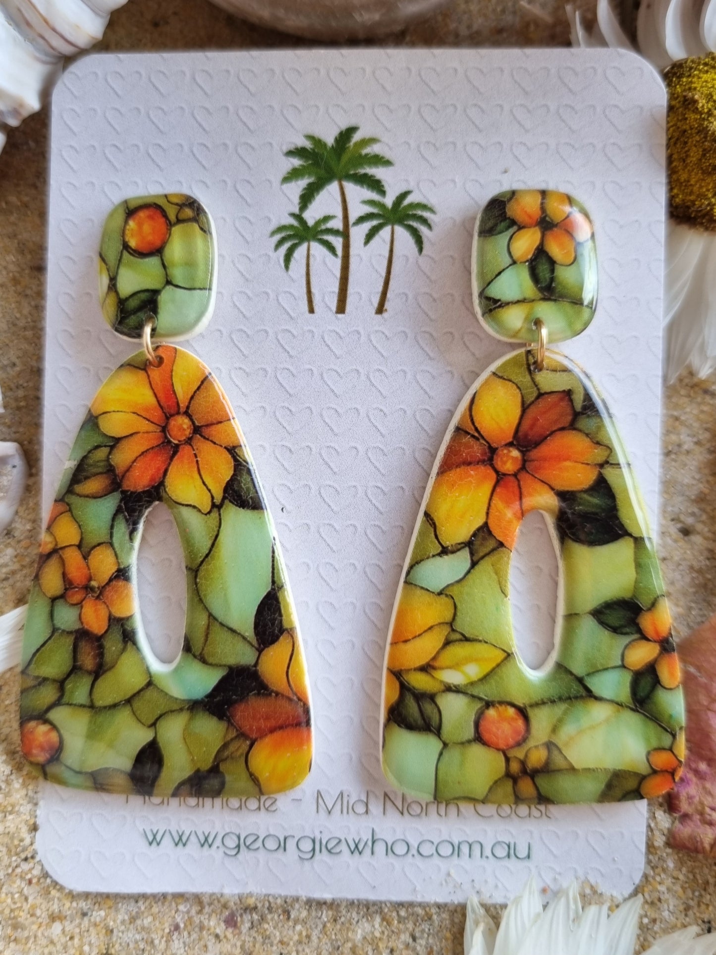 Stained glass floral motif polymer clay handmade earrings, made in Australia