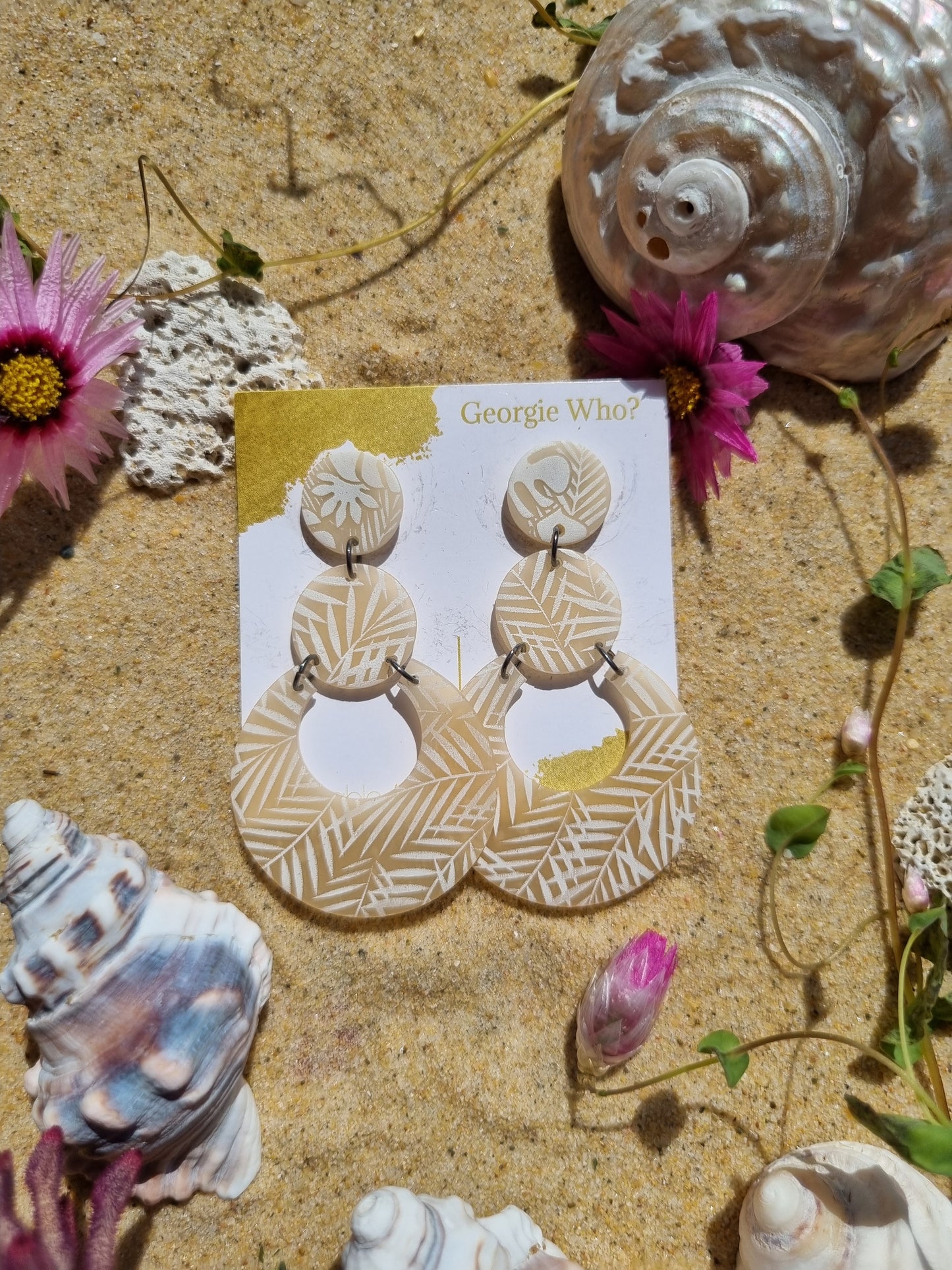Translucent Polymer clay earrings, with white palm fronds, handmade in Australia 