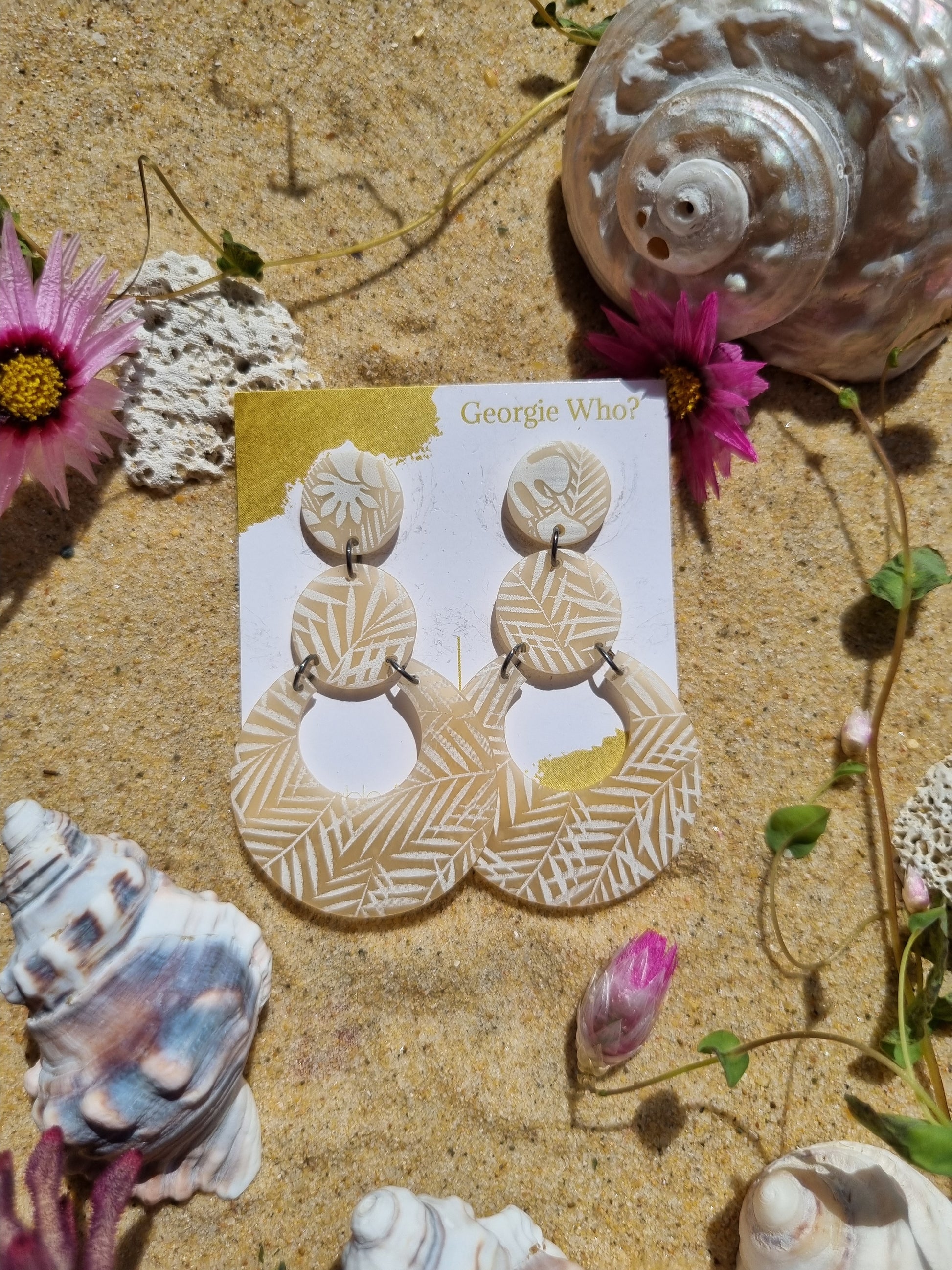 Translucent Polymer clay earrings, with white palm fronds, handmade in Australia 