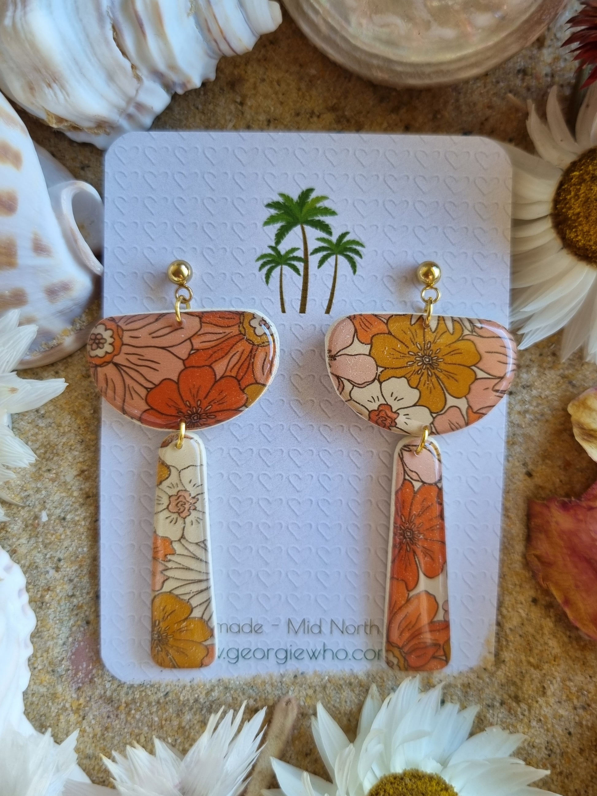 Vintage floral polymer clay and resin handmade earrings. Autumn colours