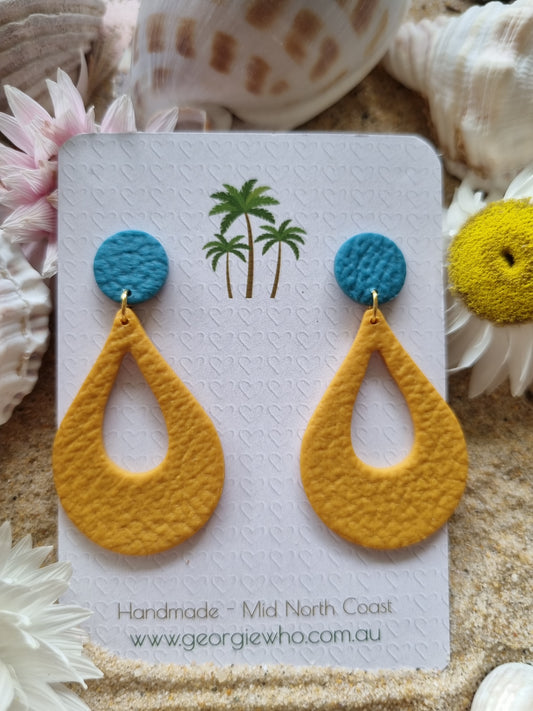 Mustard and Teal textured polymer clay earrings made in australia by Georgie Who ?