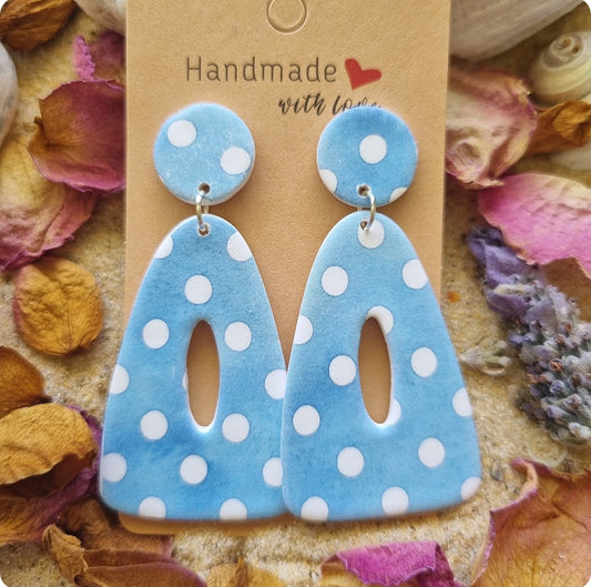 Sky blue and white polka dot polymer clay earrings, made in Australia 