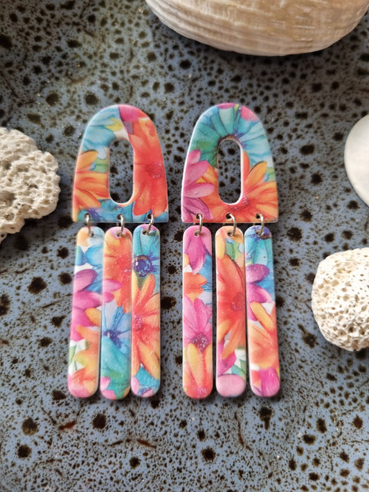 Sunset Floral Fringe - Polymer Clay Earrings.