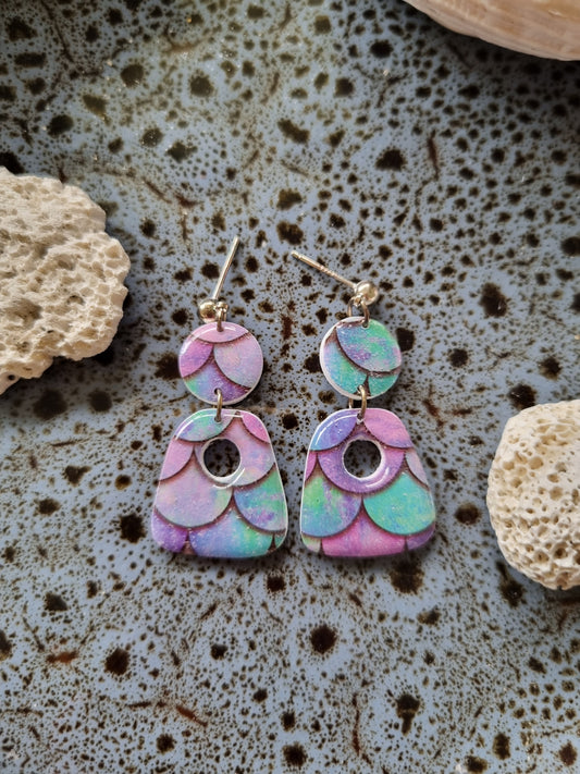 Multicolored polymer clay earrings ocean inspired with purple, pink and jade hues