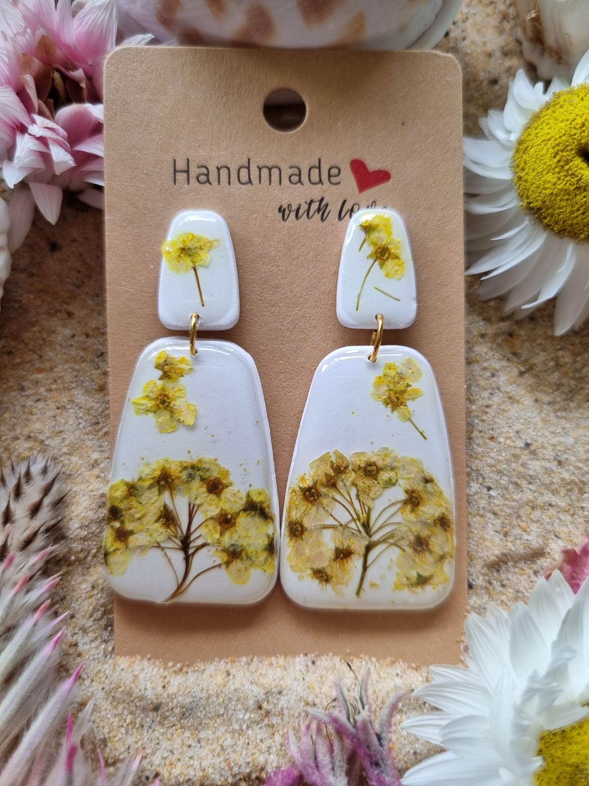 Real flowers set in resin on polymer clay earrings, handmade in Australia by Georgie Who?