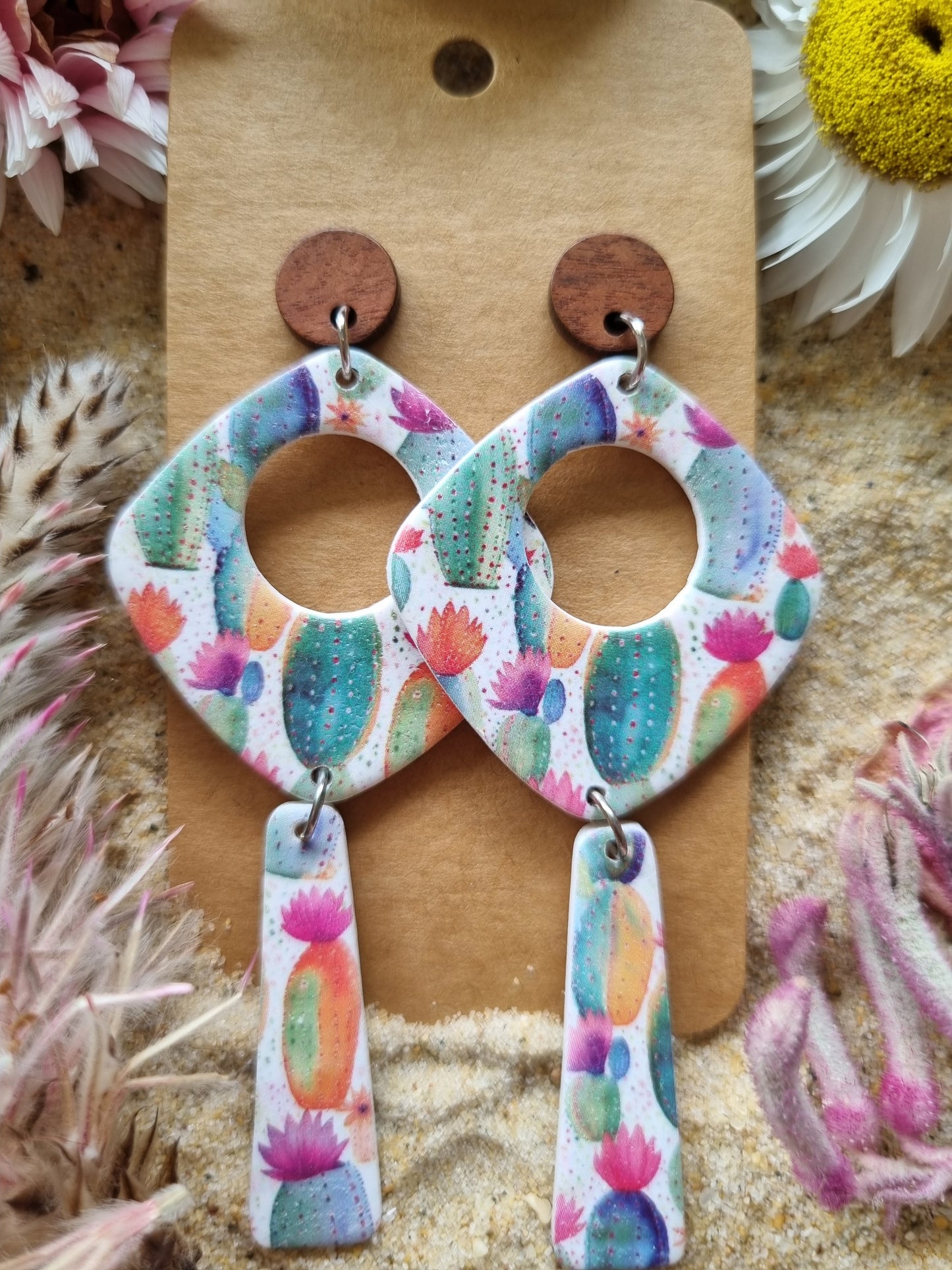 Multi coloured cactus print dangle earrings, handmade polymer clay earrings by Georgie Who? In Australia 
