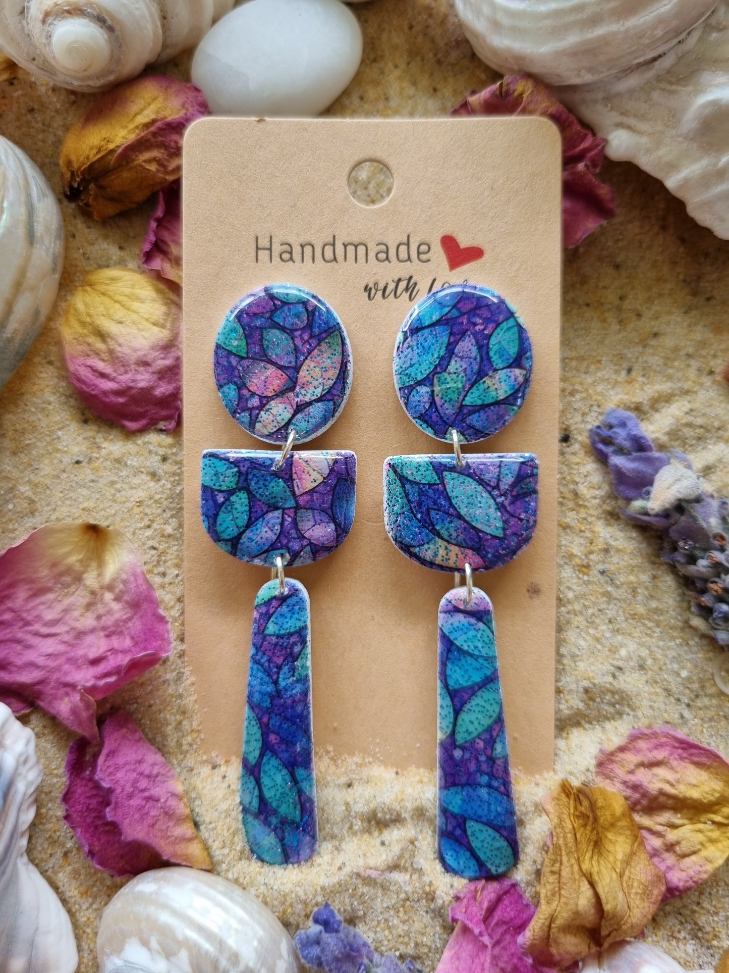 Deep Sea polymer clay dangle earrings in shades of blue and teal hand made in Australia 