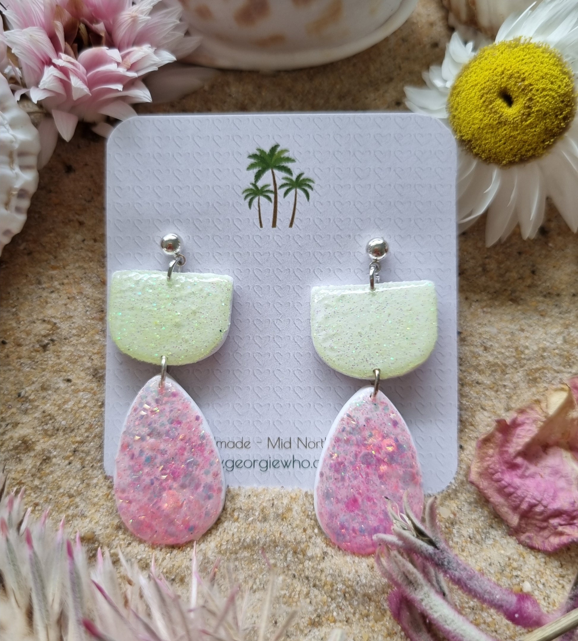 Pair of polymer clay and glitter earrings,  lemon and pink coloured, handmade in Australia by Georgie Who?