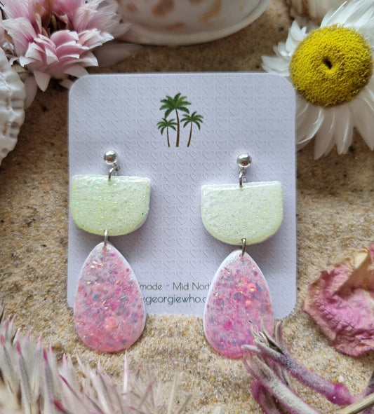 Pair of polymer clay and glitter earrings,  lemon and pink coloured, handmade in Australia by Georgie Who?