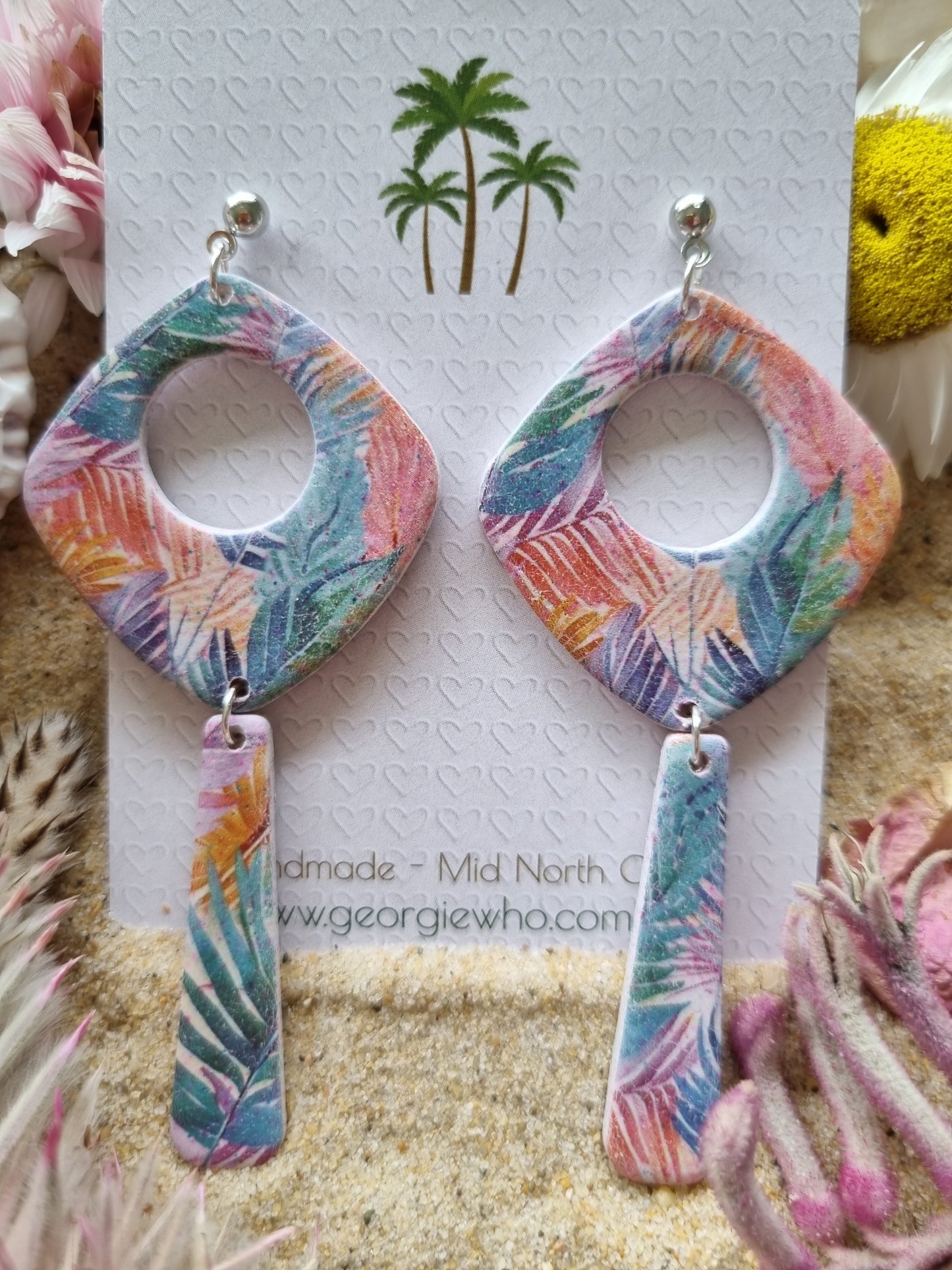 Colorful pastel earrings with palm leaf pattern print dangle earrings, handmade polymer clay earrings by Georgie Who? In Australia 