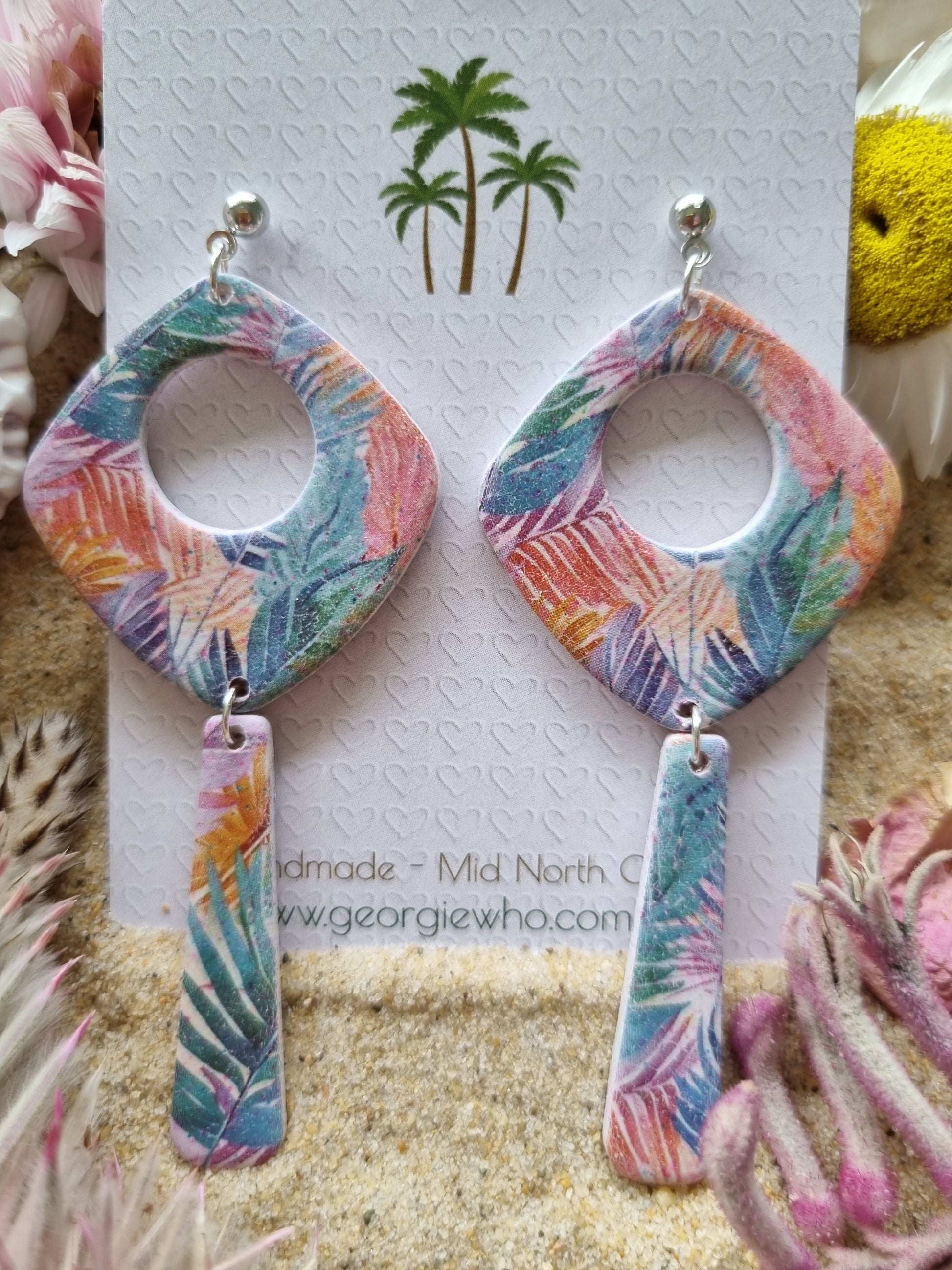 Colorful pastel earrings with palm leaf pattern print dangle earrings, handmade polymer clay earrings by Georgie Who? In Australia 
