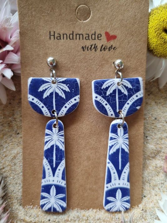 Indigo blue polymer clay print with white palm trees,  nautical looking, made in Australia by Georgie Who 